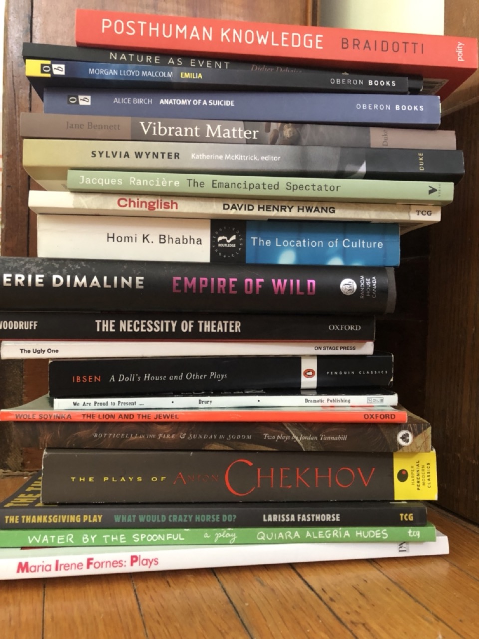 Stack of books including 'PostHuman Knowledge,' 'Empire of Wild,' and 'Chekhov Acting Techniques' 